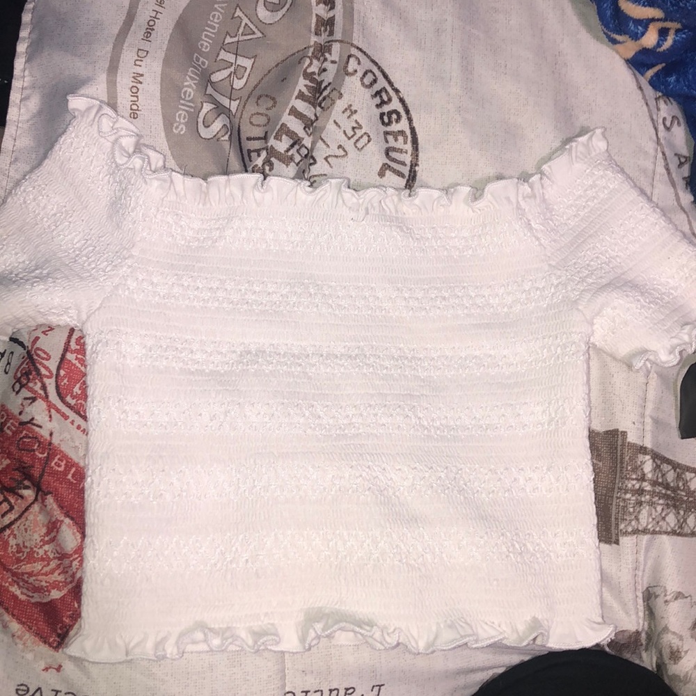 White crop top off the shoulder